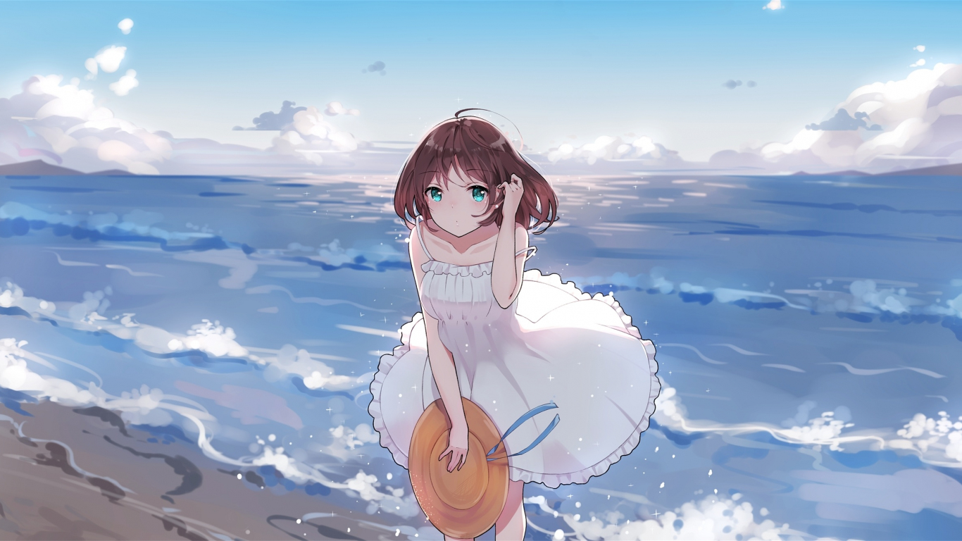 Download wallpaper 1366x768 outdoor, seashore, cute, anime girl, tablet,  laptop, 1366x768 hd background, 10274