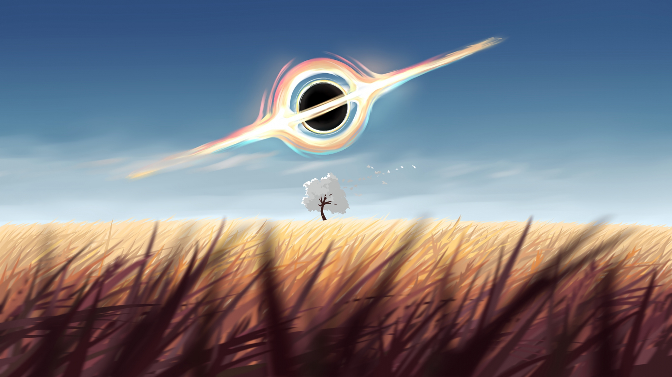 Black hole and landscape, another world, art, 1366x768 wallpaper