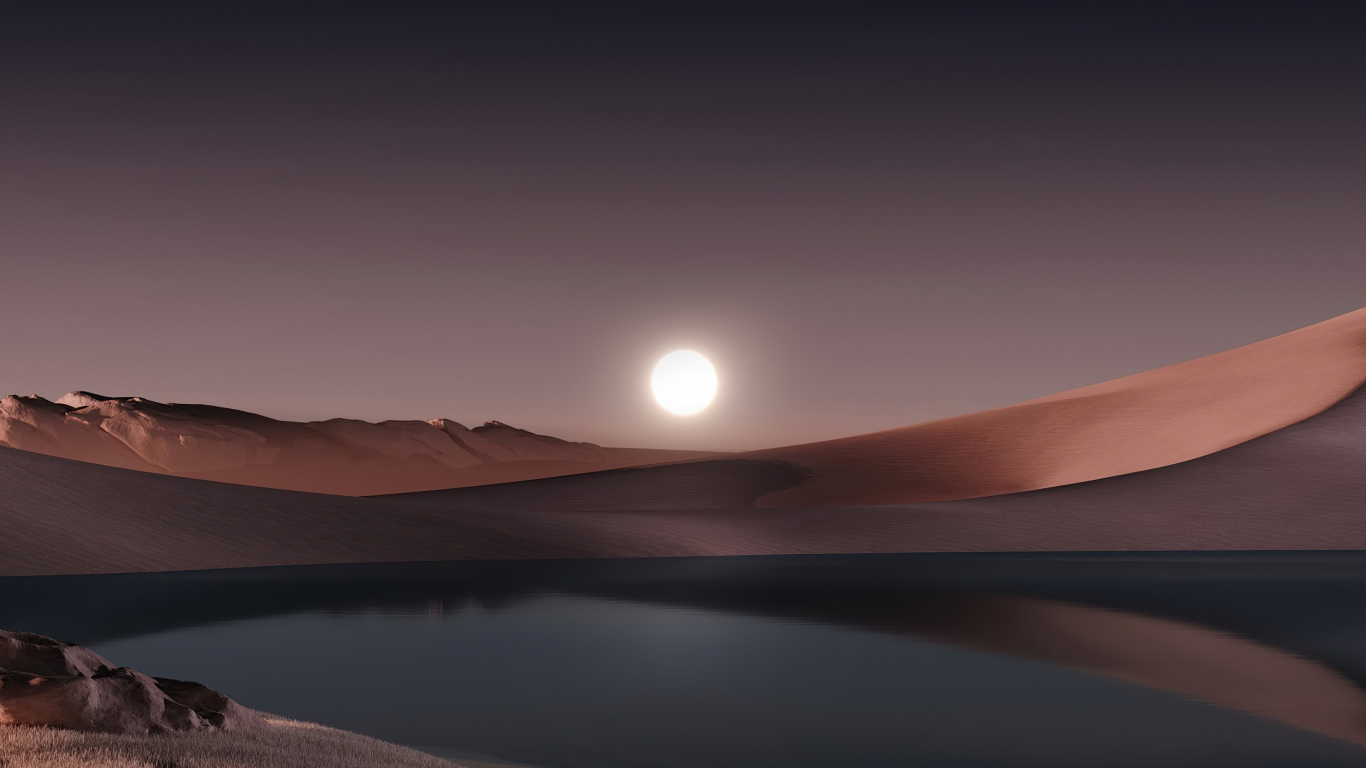 Download Wallpaper 1366x768 Windows 11 Stock Lake Sunset Landscape Desert Microsoft Stock 2391