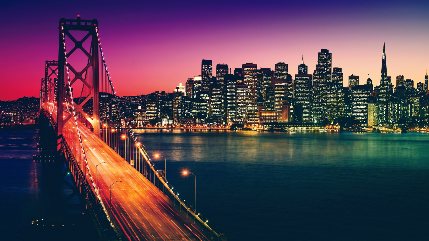 Download 1366x768 Wallpaper San Francisco City Buildings Bridge