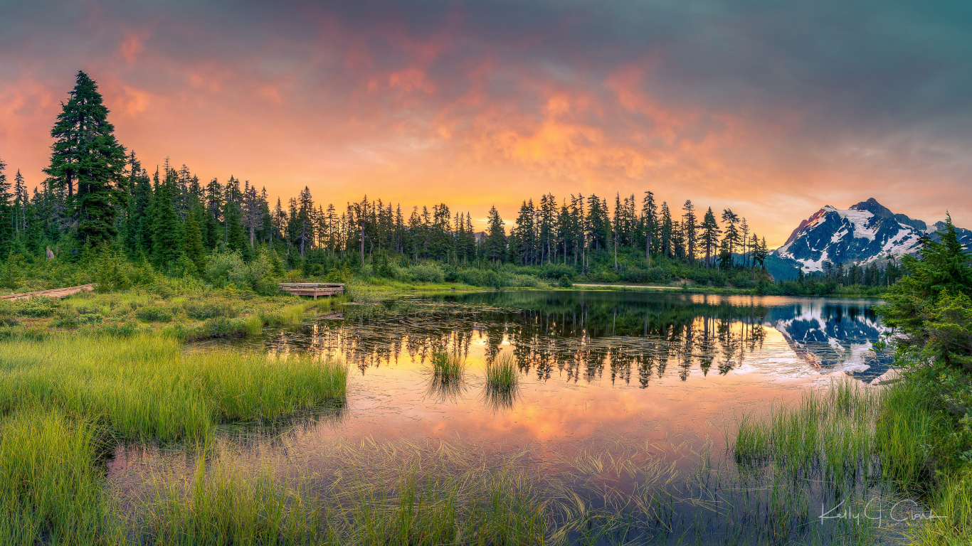 Download wallpaper 1366x768 lake, woonden fence, mountains, landscape,  sunset, neon art, tablet, laptop, 1366x768 hd background, 25502