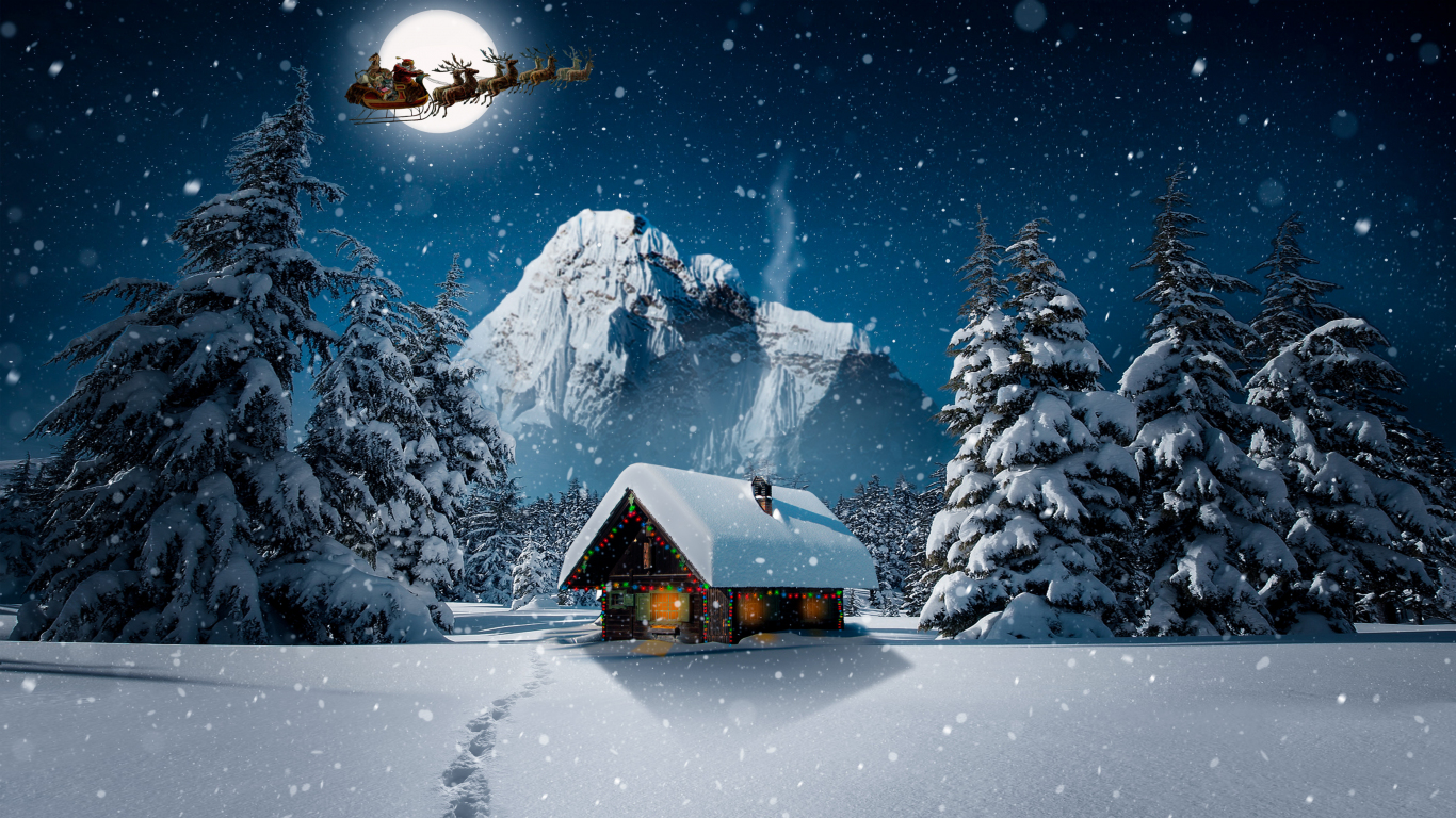 Download 1366x768 wallpaper snowfall, winter, hut, house