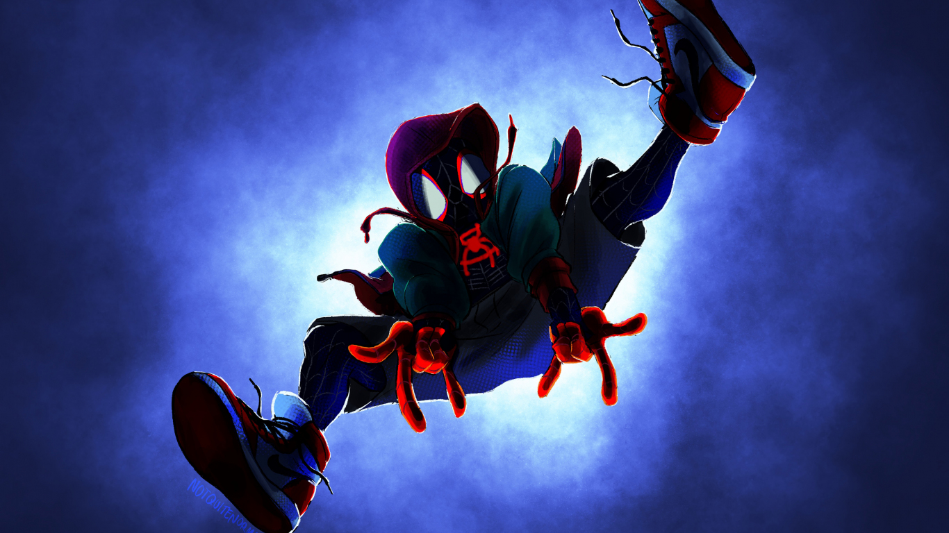 Download wallpaper 1366x768 spider-man: into the spider-verse, jump, movie,  fan art, tablet, laptop, 1366x768 hd background, 22157