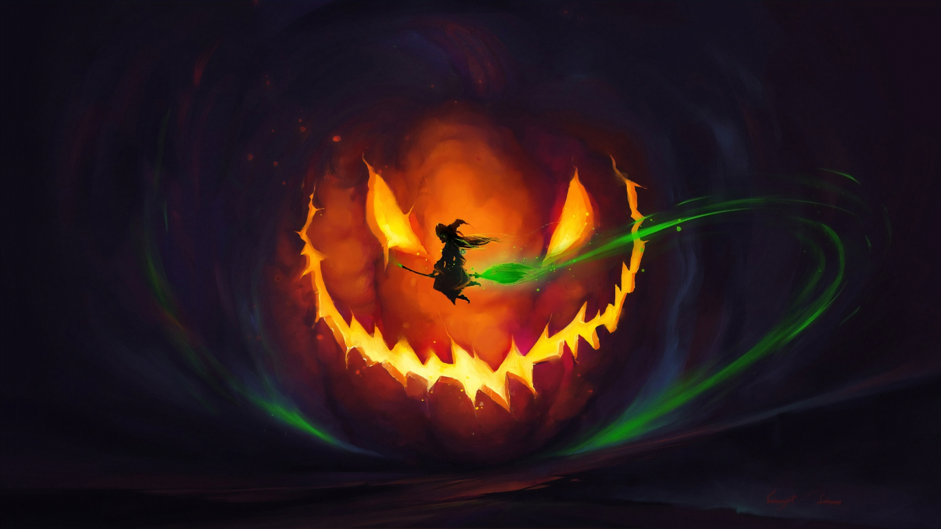 Download 2019 halloween, witch, flight, pumpkin glow, art 1366x768 ...