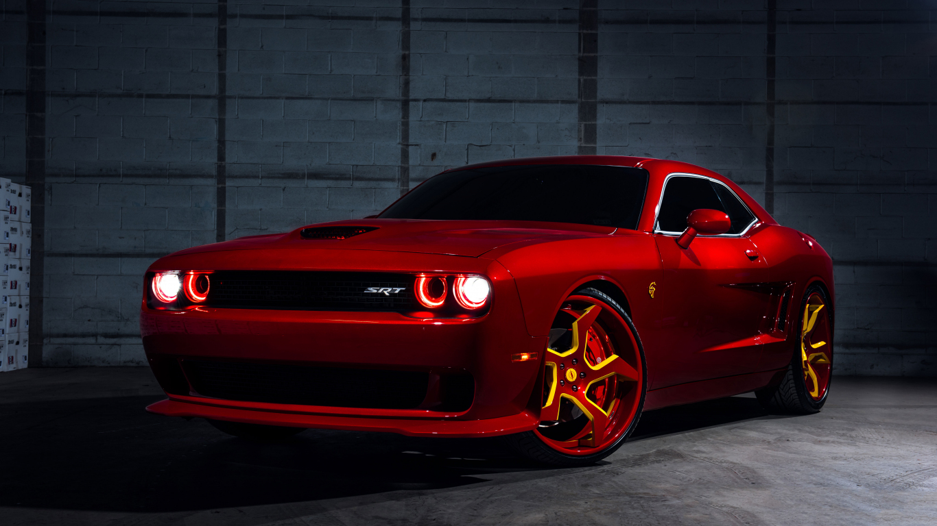 Red, Dodge Challenger SRT Hellcat, flashlight, 1366x768 wallpaper