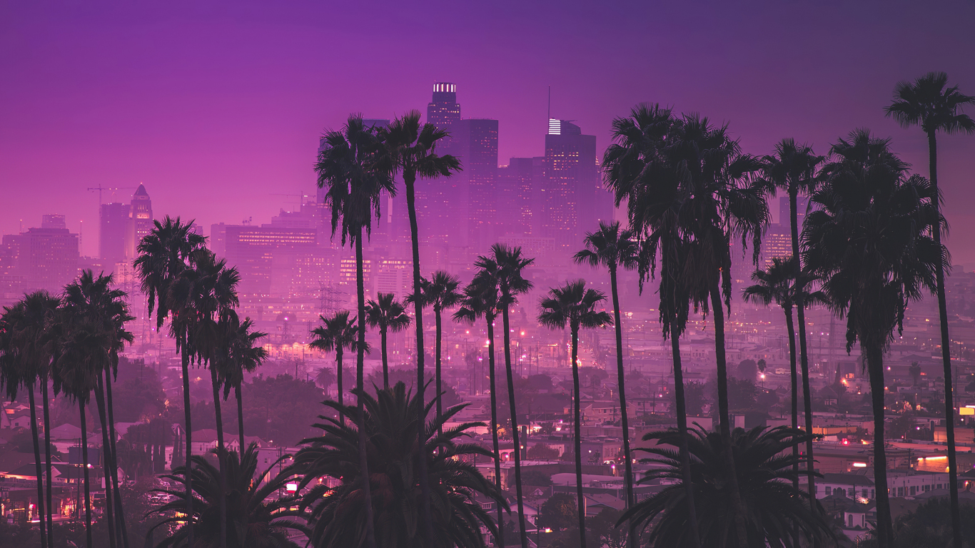 Download wallpaper 1366x768 los angles, synthwave, cityscape, art