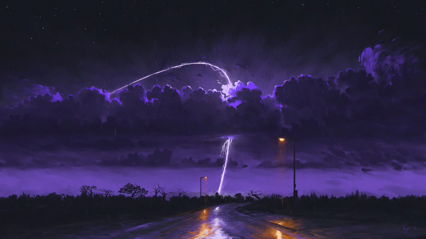 Rainy and stormy night, dark, art, 1366x768 wallpaper