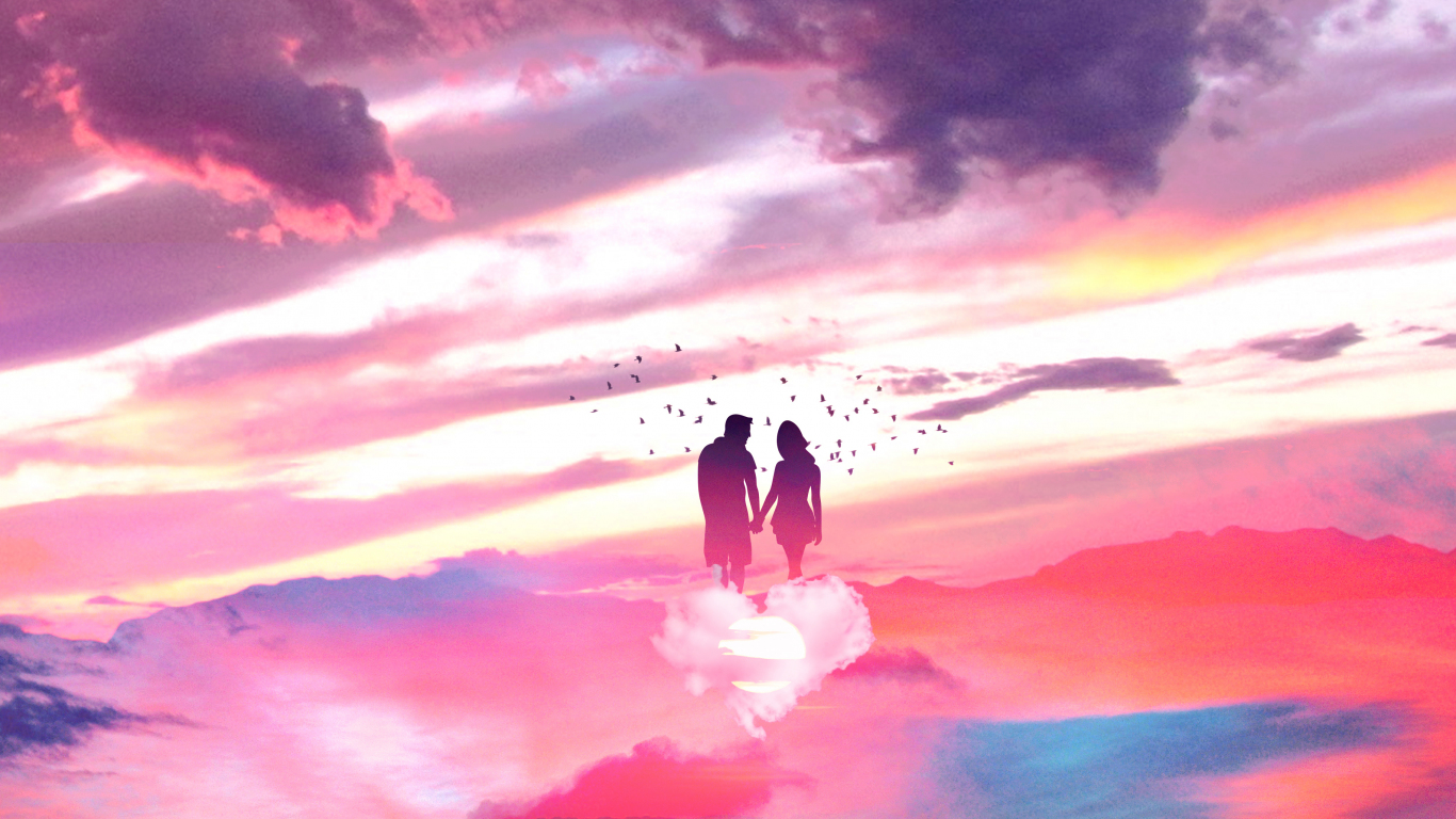 Couple love sky clouds fantasy wallpaper background 