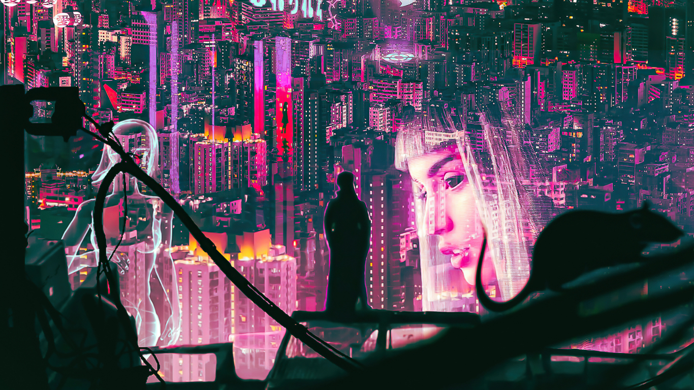 The Night Begin, Ghost in The Shell, art, 1366x768 wallpaper