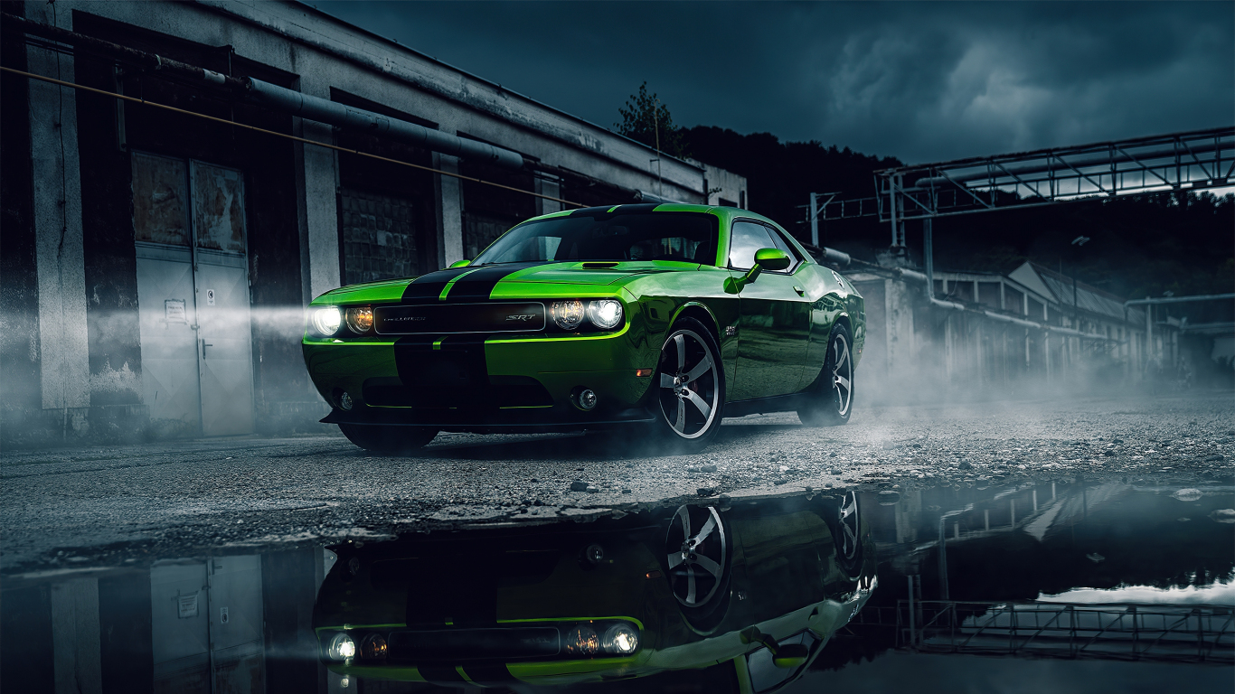Green Dodge Challenger, muscle car, 2020, 1366x768 wallpaper
