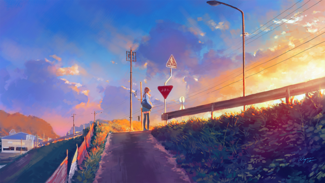 Sunset pathway anime girl original wallpaper background 