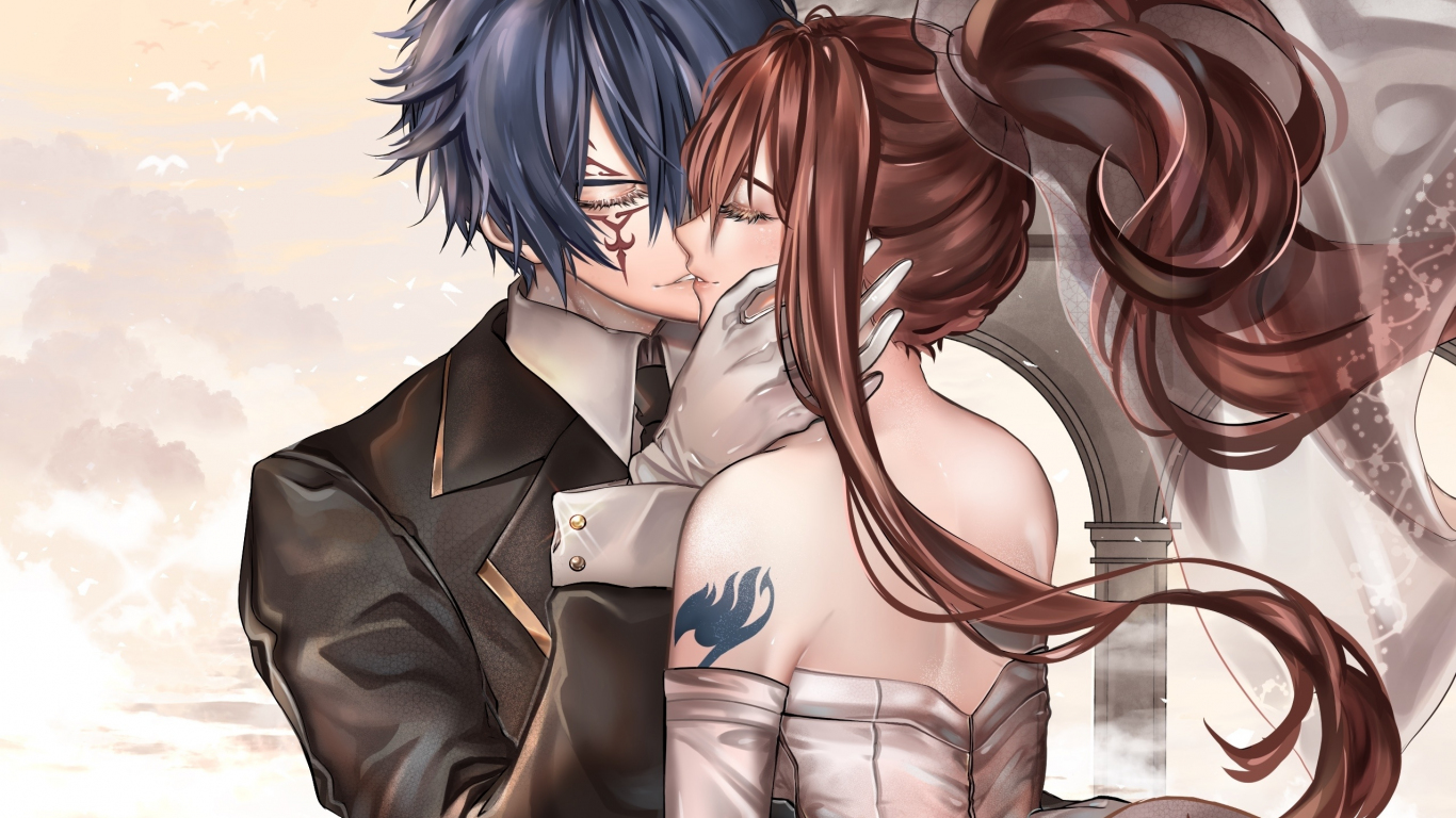 Download Anime Couple Kiss Red Thread Wallpaper