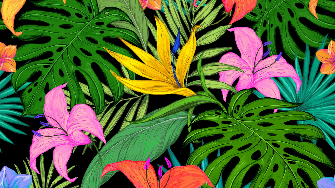 Pattern, tropical, flowers, leaves, 1366x768 wallpaper