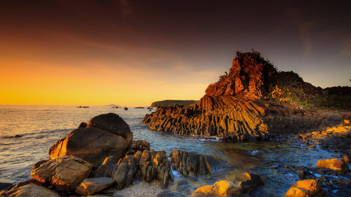 Rocky Coast sea sunset nature wallpaper background 