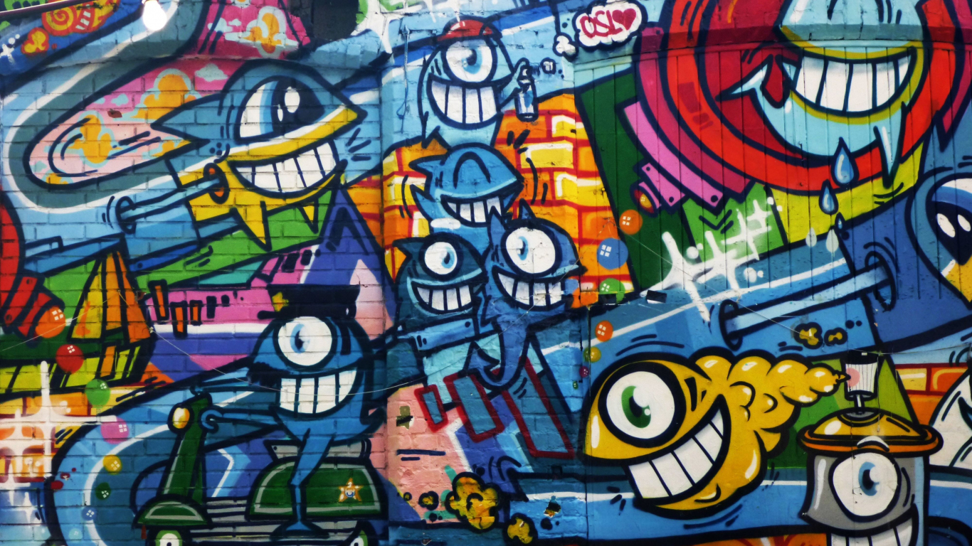 Download wallpaper 1366x768 graffiti, wall art, bright, street wall