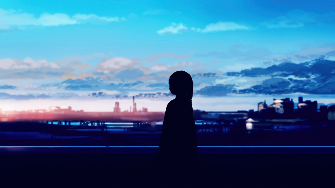 Download wallpaper 1366x768 anime girl, silhouette, pretty sunset, art