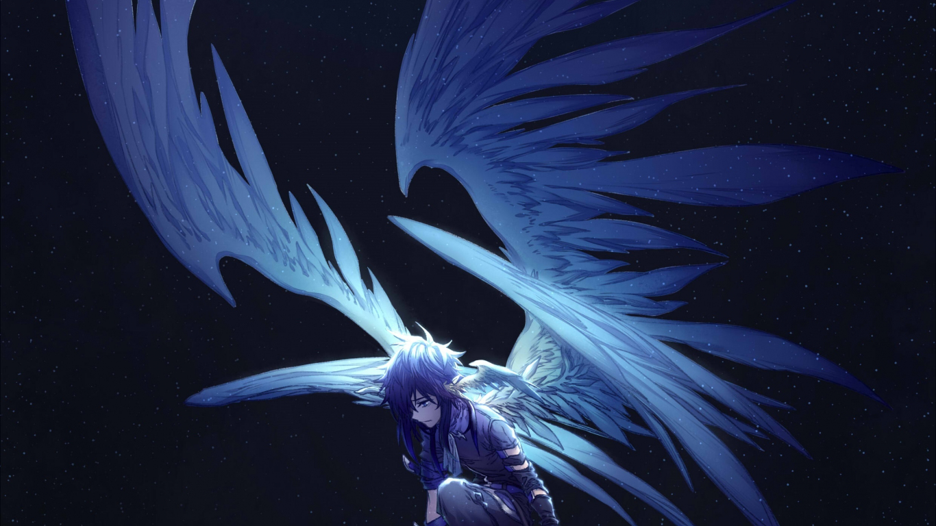 Black angel anime girl with wings 2K wallpaper download