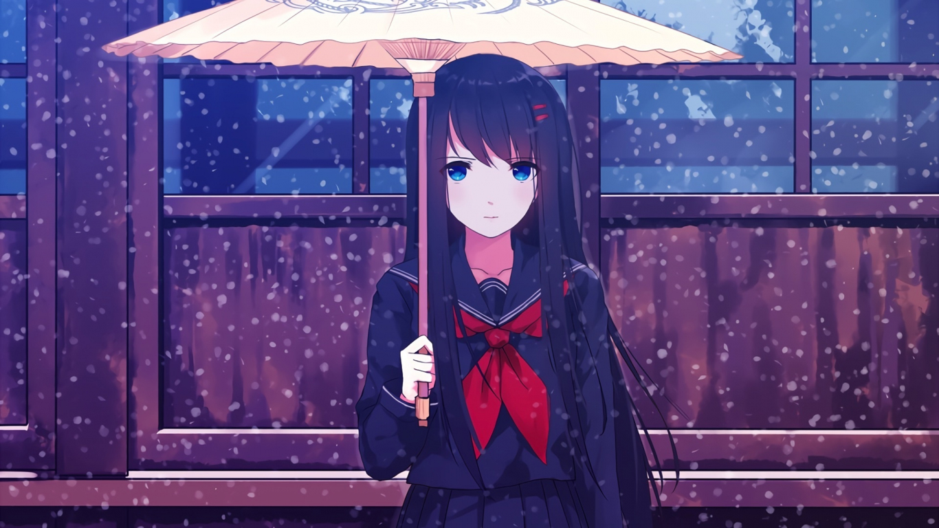Download wallpaper 1366x768 umbrella, blue eyes, anime girl, winter,  tablet, laptop, 1366x768 hd background, 6905
