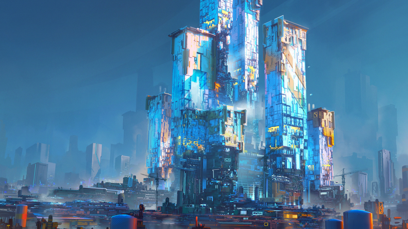 Download wallpaper 1366x768 cyberpunk, city, buildings, art, tablet,  laptop, 1366x768 hd background, 25488