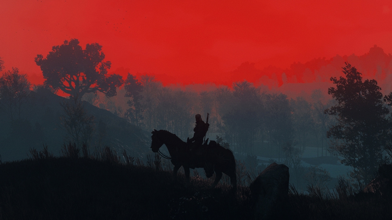 The Witcher 3, Geralt, sunset, silhouette, 1366x768 wallpaper