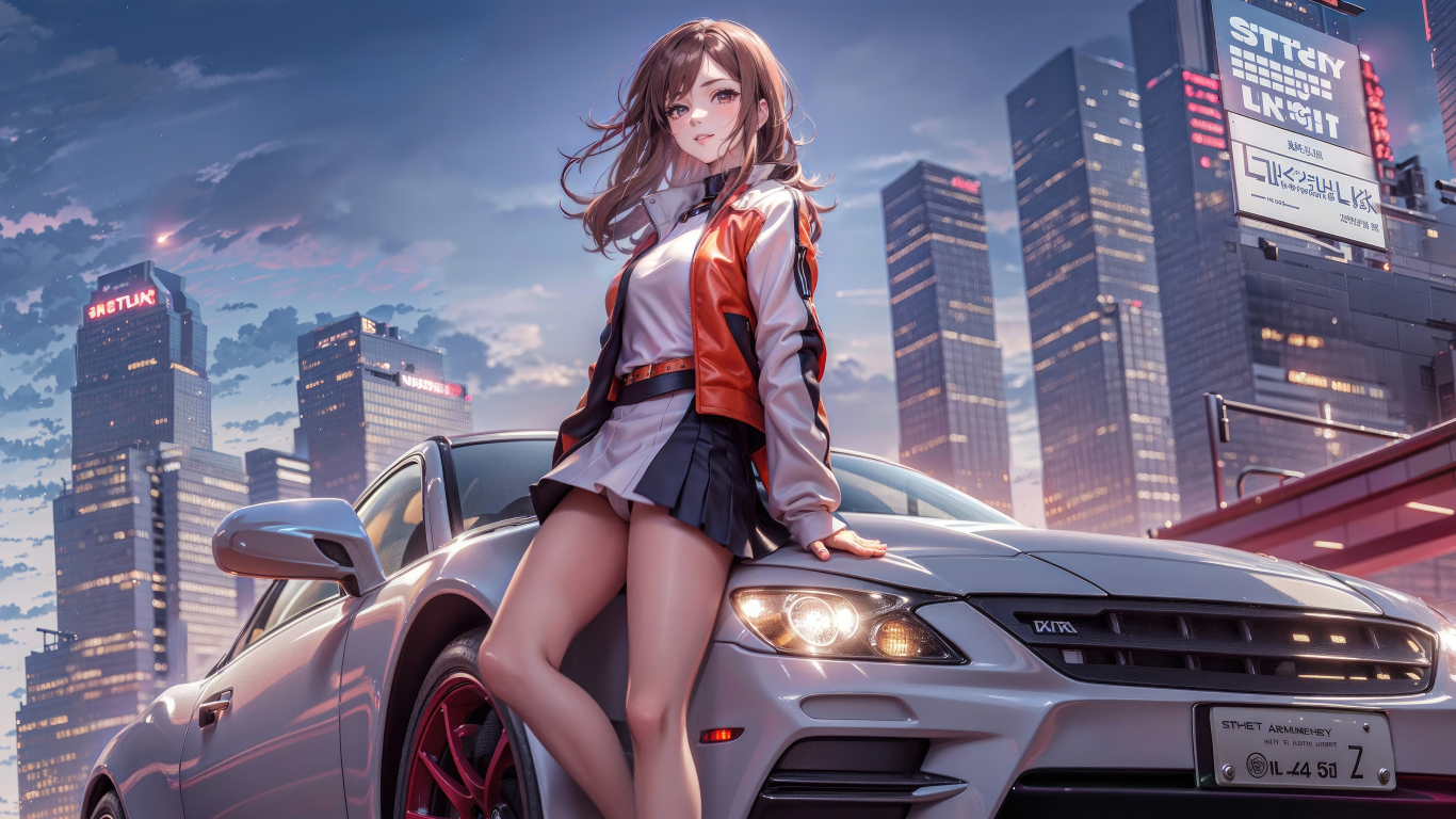 Anime girl with a car, beautiful, art, 1366x768 wallpaper
