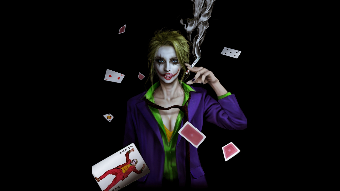 Joker girl smoking cards art wallpaper background 