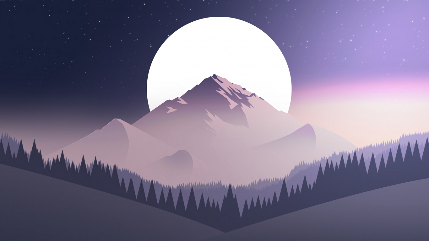 Download wallpaper 1366x768 digital art, mountains, moon, forest ...