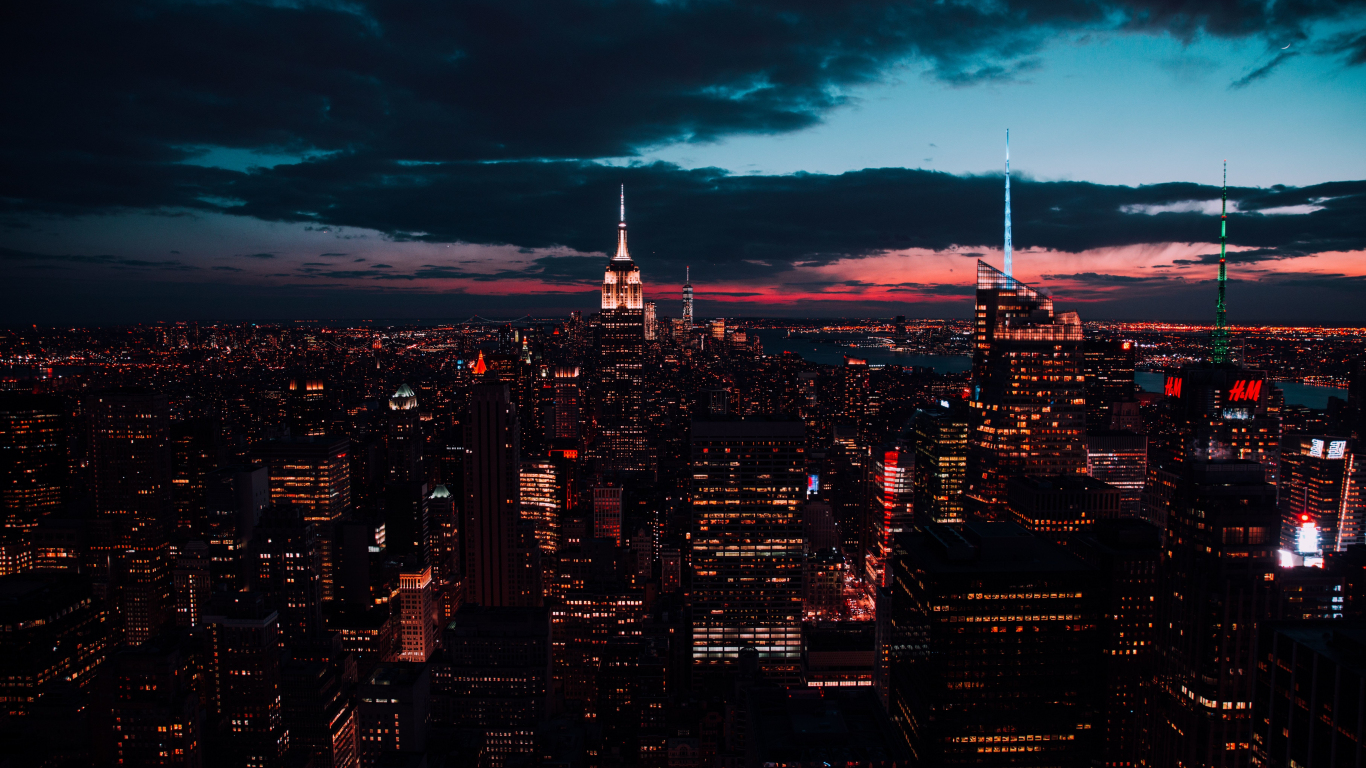 Download 1366x768 Wallpaper New York Buildings Night Cityscape
