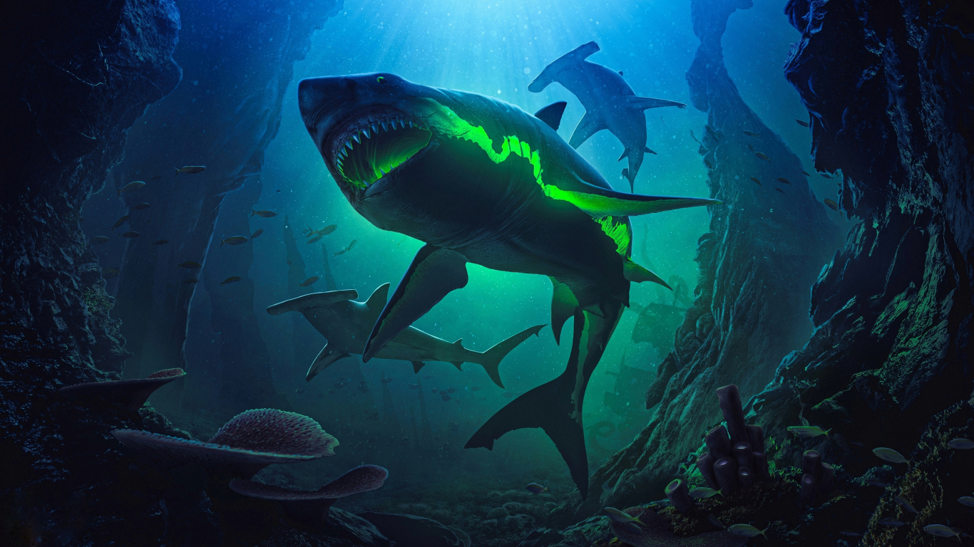 Zombie sharks, underwtaer, 1366x768 wallpaper