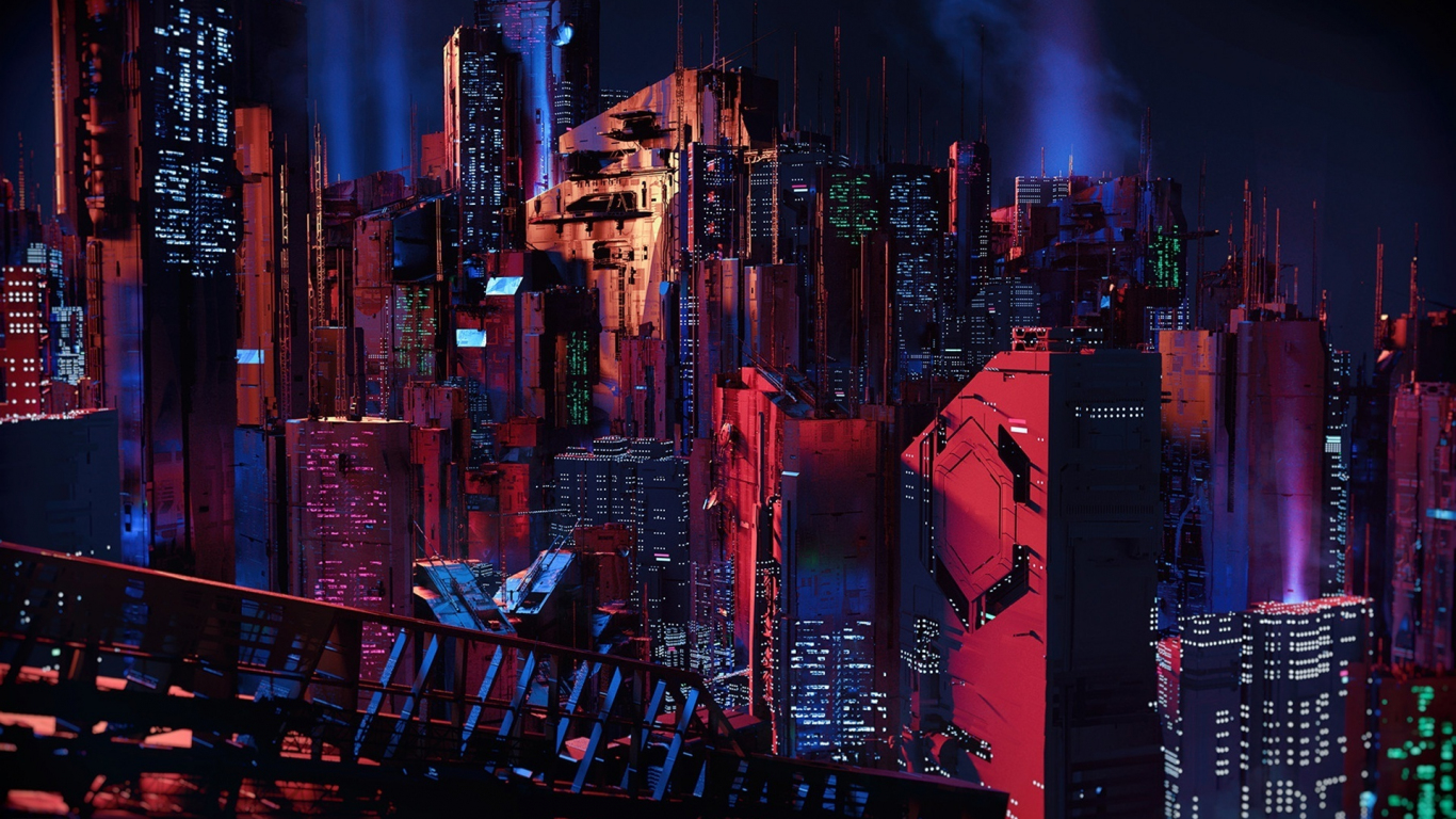 Download wallpaper 1366x768 city, futurism, cyberpunk, sci-fi, dark tablet,  laptop hd background