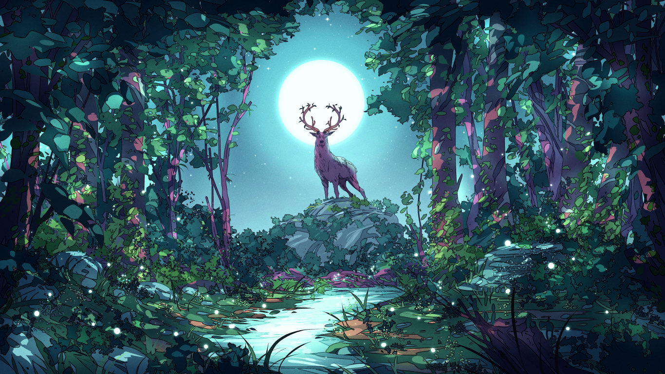 Deer at forest moon night art wallpaper background 