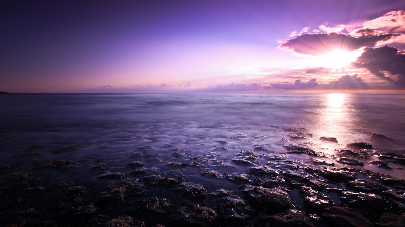 Download sunset, dusky skyline, coast, sea, nature 1366x768 wallpaper ...