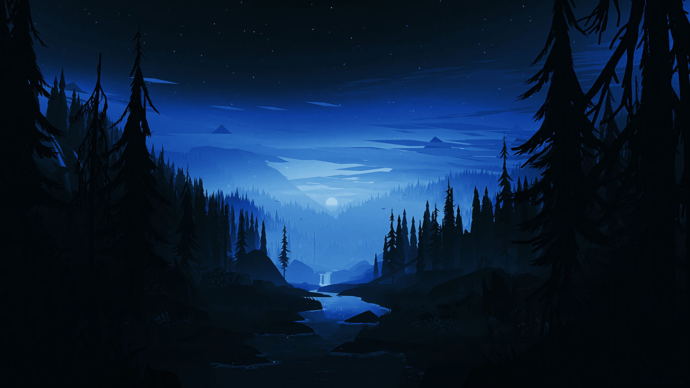 Download 1366x768 wallpaper dark night, river, forest ...