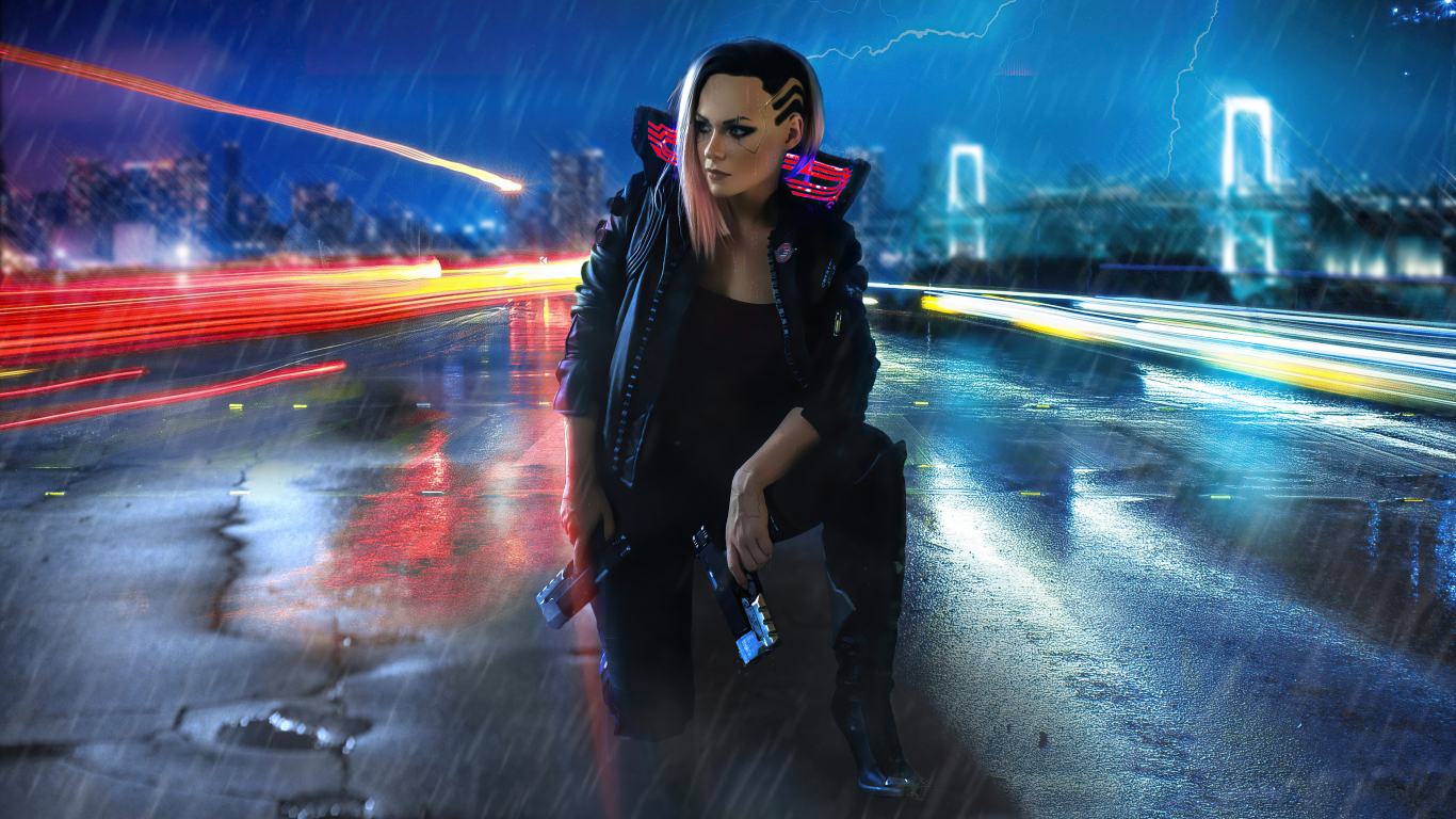 Girl and gun, video game, cyberpunk 2077, 1366x768 wallpaper