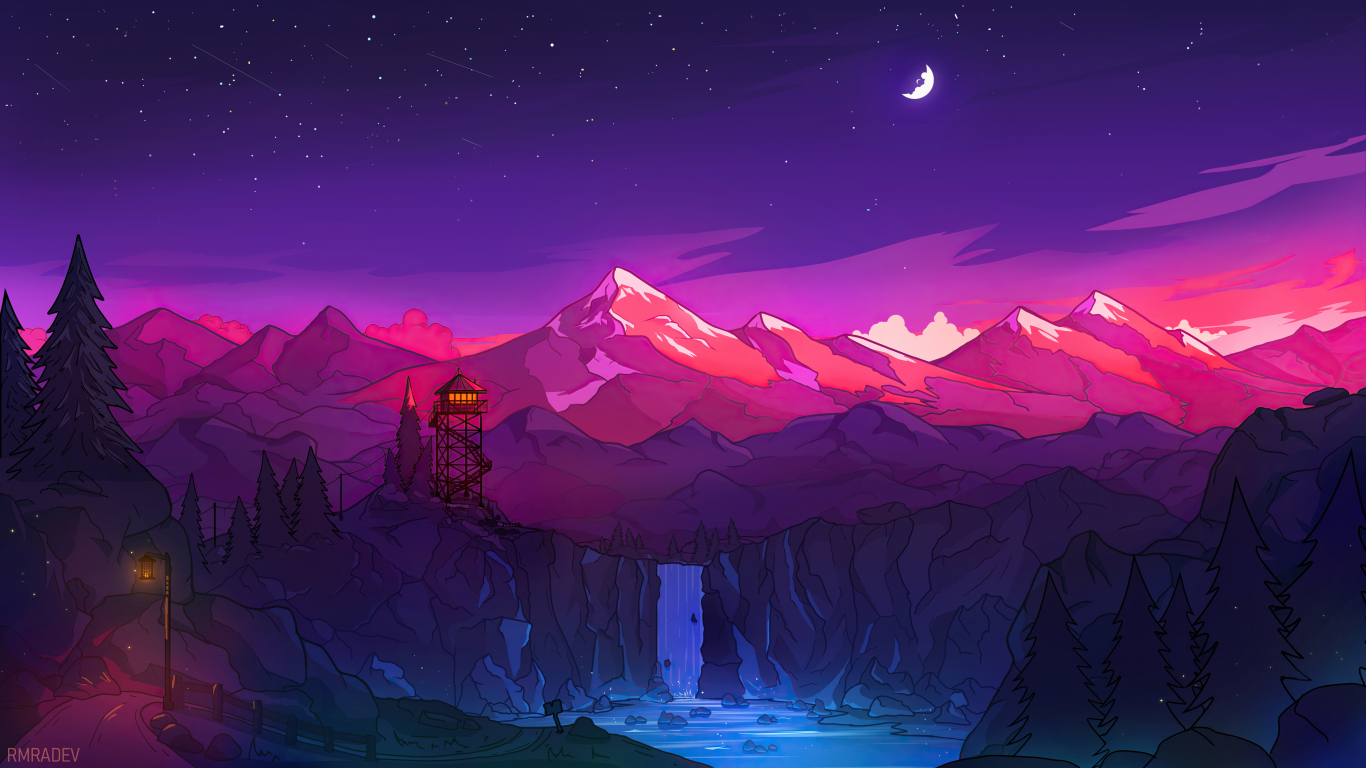 Download wallpaper 1366x768 colorful mountains, night, waterfall, minimal,  tablet, laptop, 1366x768 hd background, 27319