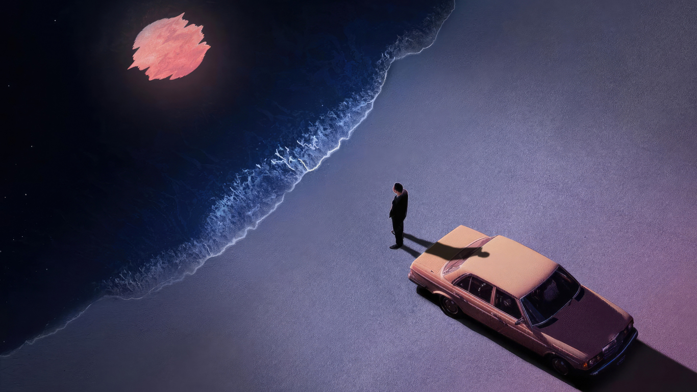 Lonely at night at the beach, car and man, art , 1366x768 wallpaper