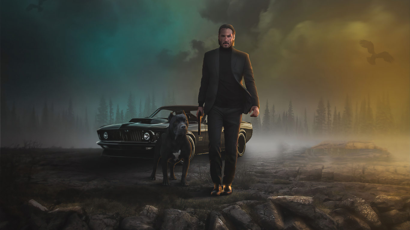 Download 1366x768 wallpaper 2020, john wick and dog, movie art, tablet