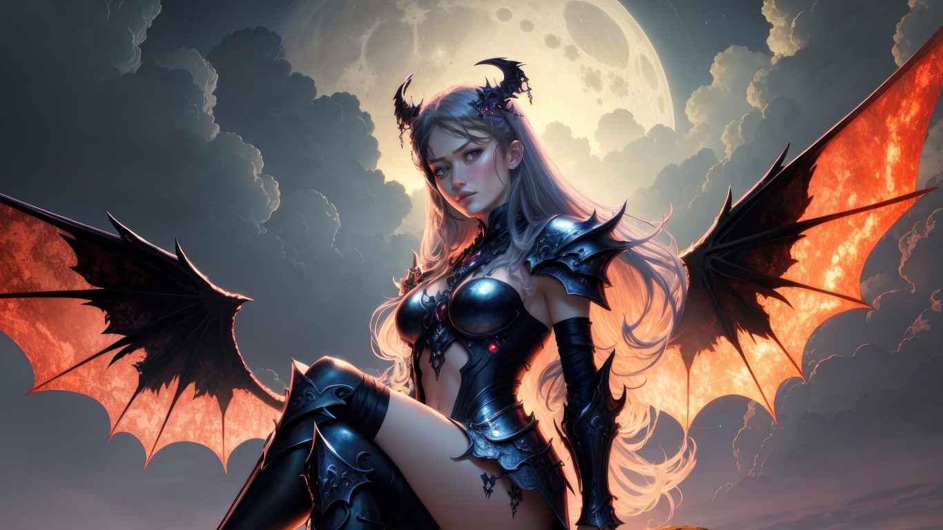 Evil Girl with wings, beautiful angel, art, 1366x768 wallpaper