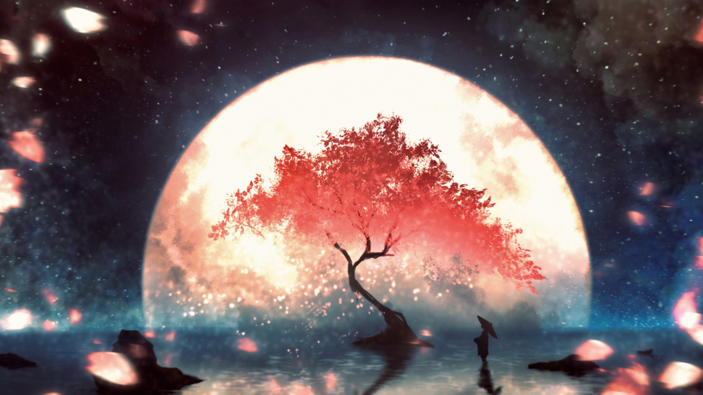 Red tree moon light fantasy wallpaper background 