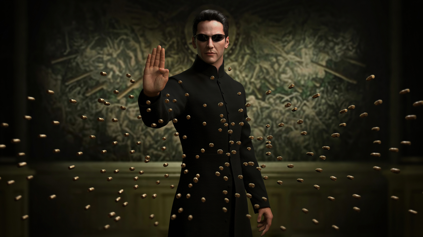 Download wallpaper 1366x768 neo, keanu reeves, the matrix, bullets, tablet,  laptop, 1366x768 hd background, 28981