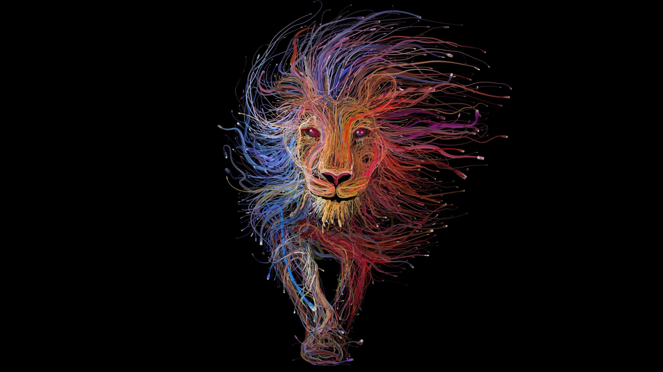 Download wallpaper 1366x768 digital art, cables, lion, colorful, tablet,  laptop, 1366x768 hd background, 7572
