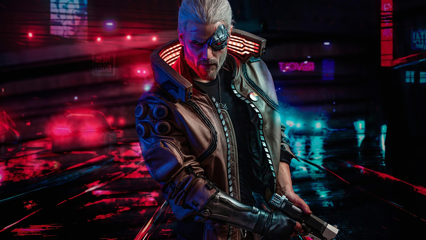Download wallpaper 1366x768 cyberpunk 2077, the witcher, geralt of rivia,  game, tablet, laptop, 1366x768 hd background, 23345