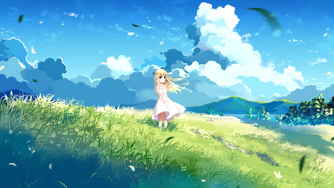 Download wallpaper 1366x768 landscape, blonde, anime girl, cute, tablet,  laptop, 1366x768 hd background, 1350