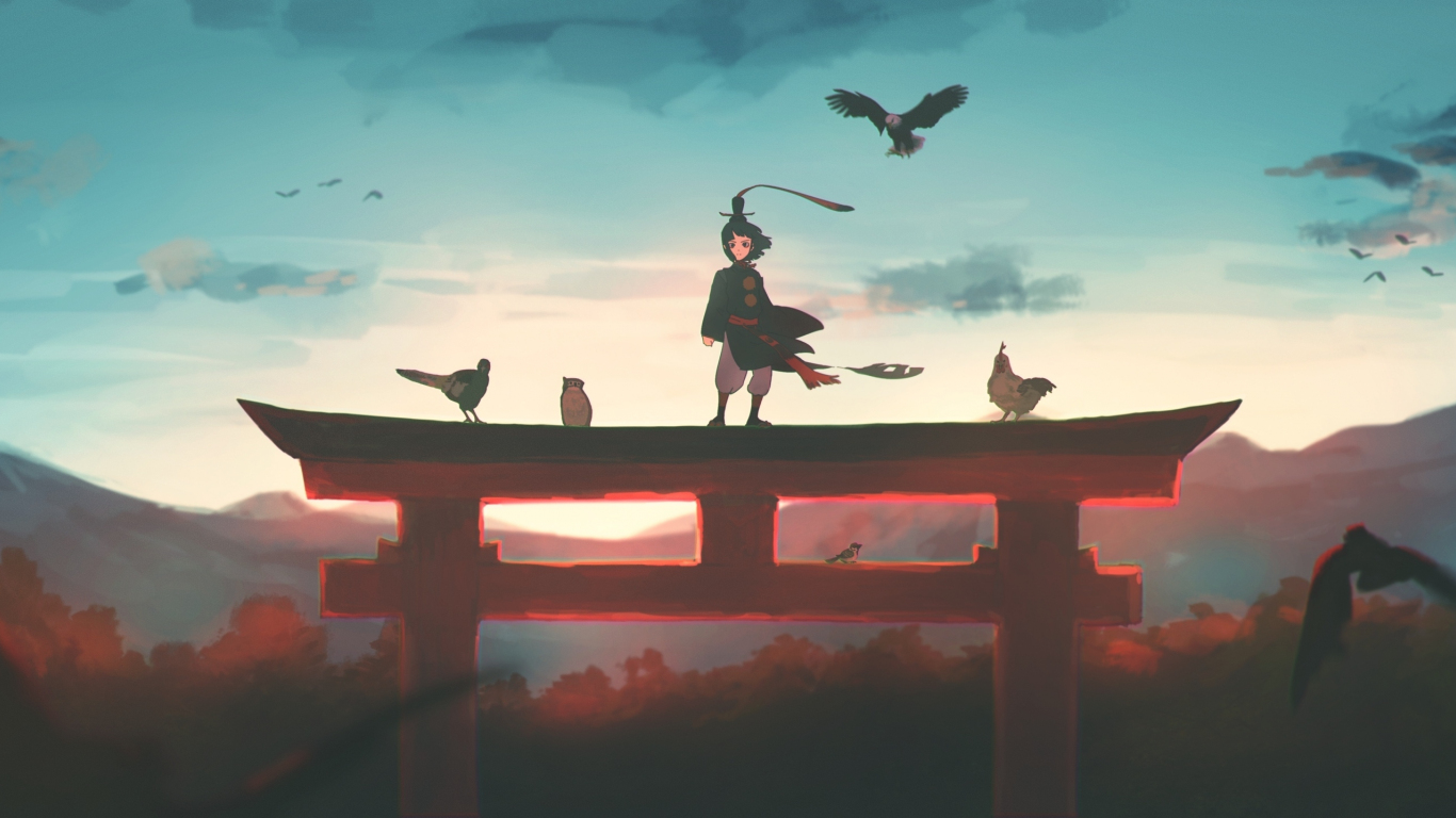 Anime sunset boy and birds art wallpaper background 