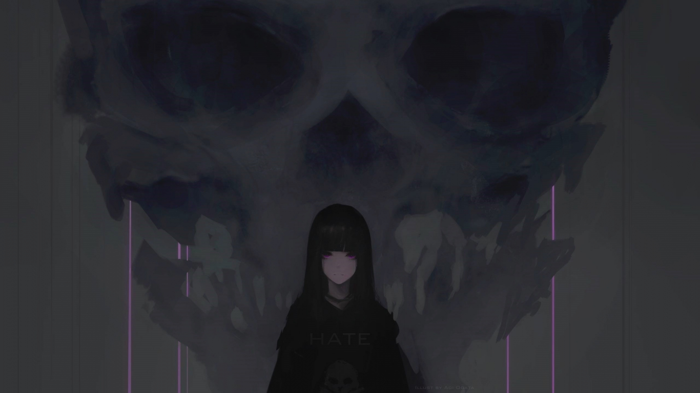 Download wallpaper 1366x768 anime girl, purple eyes, dark, skull, tablet,  laptop, 1366x768 hd background, 2429