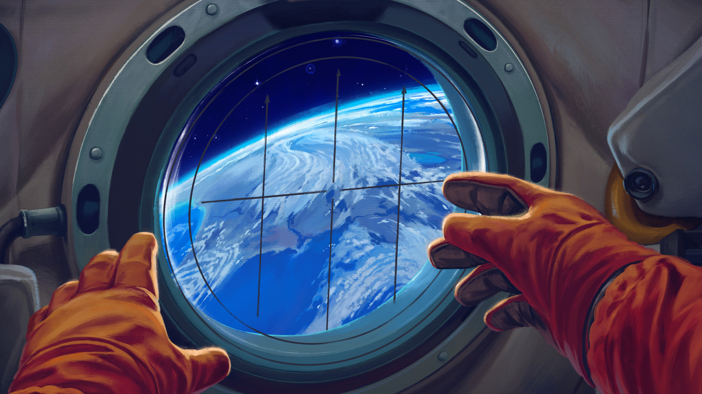 Spacecraft window, astronaut, 1366x768 wallpaper