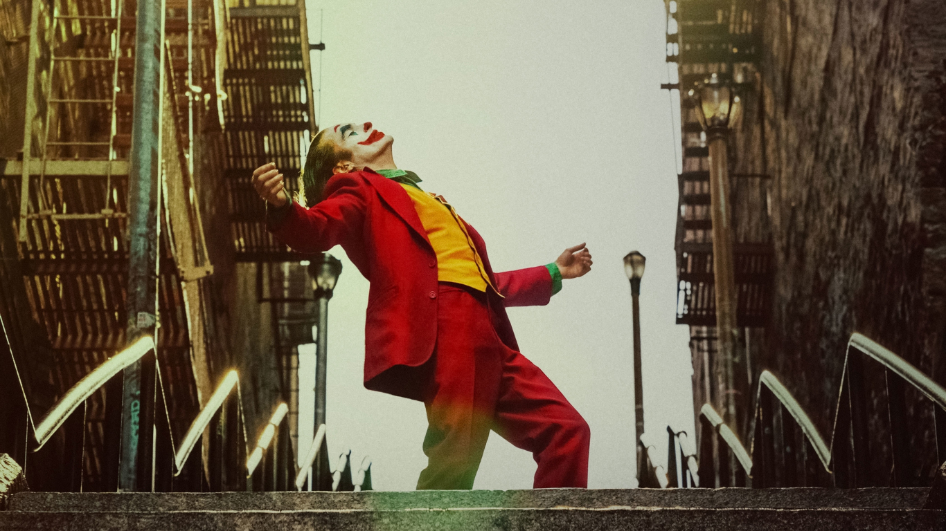 Download 1366x768 wallpaper joker, 2019 movie, red suit ...