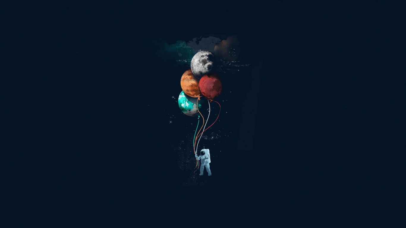 Download wallpaper 1366x768 astronaut, balloons, space, minimal, art