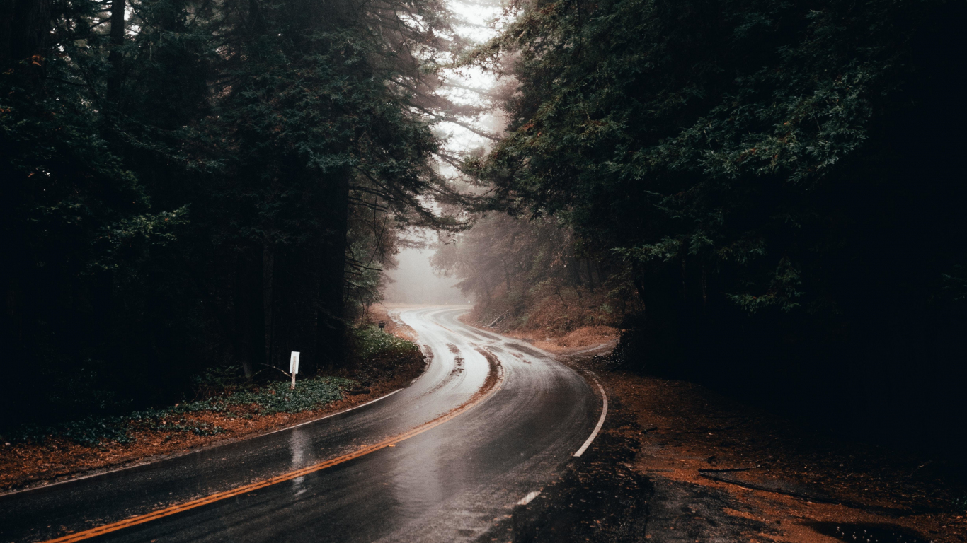 Highway turn, road, rainy, water on road, 1366x768 wallpaper