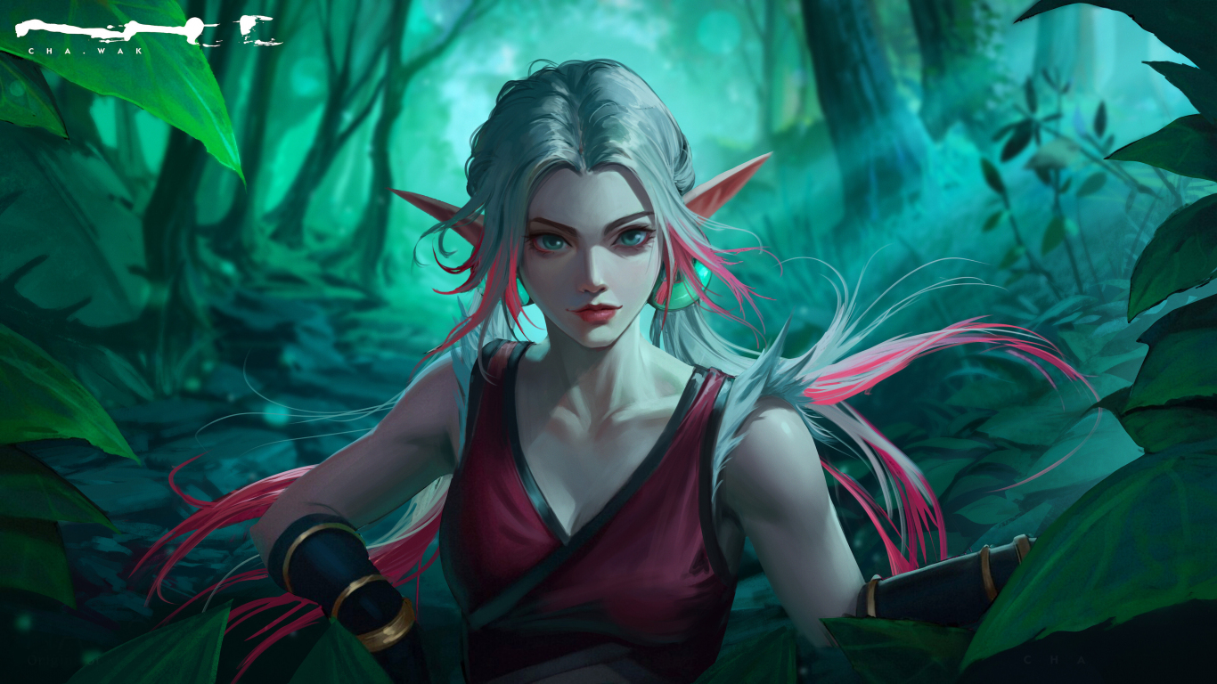 Beautiful elf girl, white-pink hair, fantasy, 1366x768 wallpaper